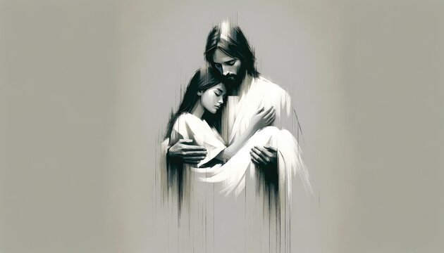 Young woman in white dress in the arms of Jesus. Digital illustration.