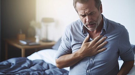 A man with heart pain in his chest, keeps his hands on his chest - obrazy, fototapety, plakaty