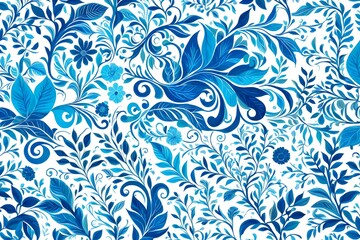 Fototapeta na wymiar seamless pattern with flowers, Immerse yourself in a world of whimsical beauty with an AI-generated image of a blue and white background adorned with swirls and leaves
