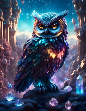 An owl of glittering glass crystals