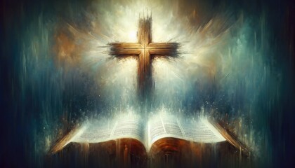 Open holy Bible book with christian cross and rays of light.