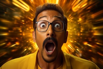 A man in a yellow suit and glasses with a shocked expression, eyes and mouth wide open.