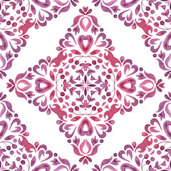 Gorgeous seamless blue floral watercolor pattern majolica tiles ornament. Persian abstract filigree drawn background.