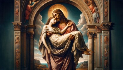 Jesus holding a woman. Digital painting.