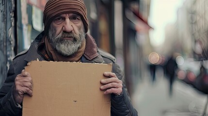 Silent plea: Witness a rough-looking man adorned in a blank sandwich board, highlighting societal struggle and poverty in an urban environment.