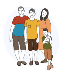 Family posing. Dad, mom, sons, isolated vector