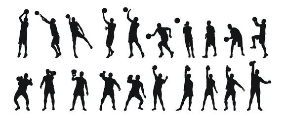 Silhouettes of sports figures of basketball players, weight lifters, isolated vector