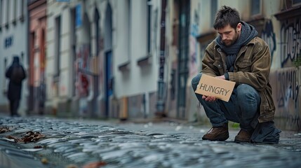 man with ragged clothes begs on a cobblestone street, holding a cardboard sign that reads 'HUNGRY,' highlighting the harsh reality of urban poverty