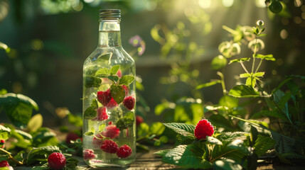 Crisp image of a glass bottle with water infused with fresh raspberries and mint leaves amongst...