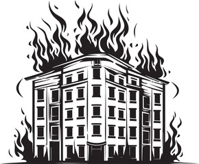 Blaze Alert Building on Fire Vector Black Logo Icon Fire Disaster Blaze in Building Vector Black Logo Design