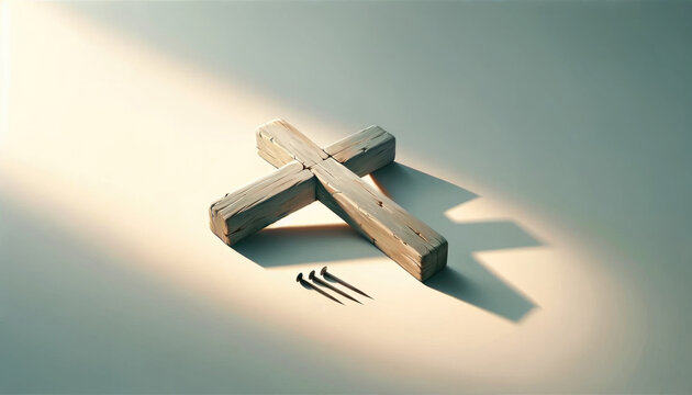  Arma Christi: Holy Nails, and Cross. Wooden cross with nails on a textured background with copy space.