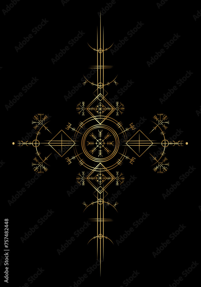 Wall mural magic ancient viking art deco, gold vegvisir navigation compass ancient. the vikings used many symbo