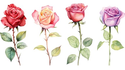 set of watercolor illustration flowers roses of different colors: red, chocolate, violet, purple
