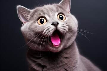 A surprised gray cat is depicted with its mouth open and its tongue sticking out.