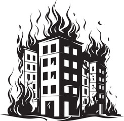 Disaster Alert Burning Building Vector Black Logo Design Flame Crisis Building on Fire Vector Black Logo Icon
