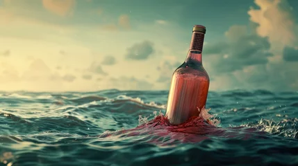 Fotobehang bottle half-submerged on the high seas, symbolizing maritime adventure and the allure of oceanic discovery © pvl0707