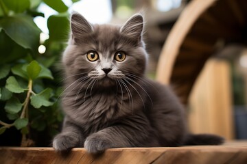 A small kitten is sitting on a wooden fence, curiously and playfully watching the surroundings.