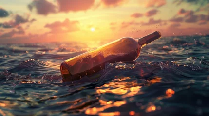 Fotobehang bottle half-submerged on the high seas, symbolizing maritime adventure and the allure of oceanic discovery © pvl0707