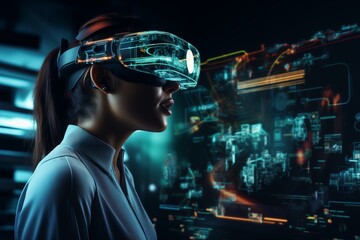A woman immersed in virtual reality  and augmented technology, wearing a headset and interacting with the digital world.