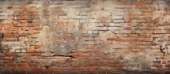 A detailed shot of an ancient brick wall with faded brown paint peeling off, showcasing the intricate brickwork and unique pattern of the building material