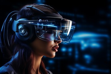 A woman immersed in virtual reality  and augmented technology, wearing a headset and interacting with the digital world.