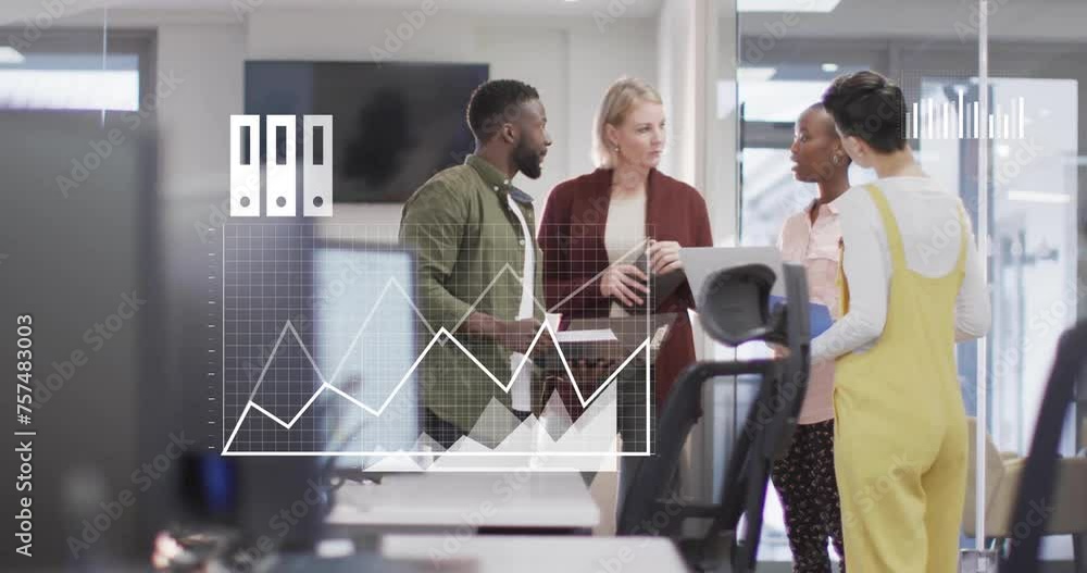 Poster animation of financial data processing with icons over diverse colleagues having meeting in office