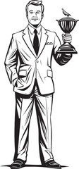 Corporate Recognition Businessman with Trophy Vector Black Logo Icon Triumphant Success Trophy Winning Businessman Vector Black Logo Design