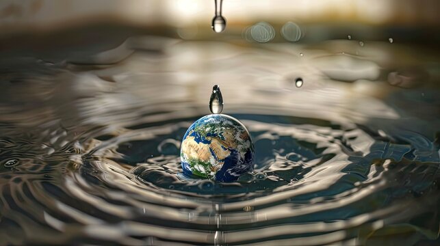 Save our planet: Witness a dripping tap with one drop resembling planet Earth, advocating for water conservation and environmental sustainability