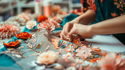 A Fashion Designer Selecting fabrics, colors, and embellishments to bring designs to life - obrazy, fototapety, plakaty