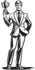 Leadership Success Businessman with Trophy Vector Black Logo Icon Achievement Icon Trophy Holding Businessman Vector Black Logo Design