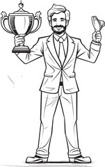 Corporate Champion Businessman with Trophy Vector Black Logo Icon Triumphant Executive Trophy Winning Businessman Vector Black Logo Design