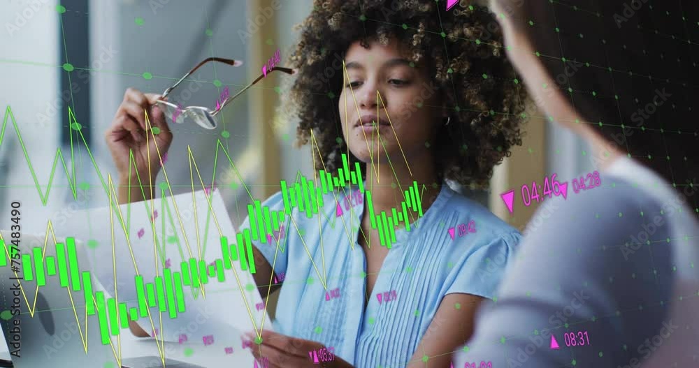 Poster animation of financial data processing over diverse colleagues discussing work in office