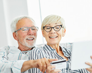 senior couple happy tablet together man woman shopping credit card buying order purchase online pay