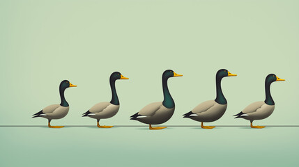 Group of black ducks gathered closely and lined up, oriented to the right. Minimal concept of having all ducks in a row. Background with copy space