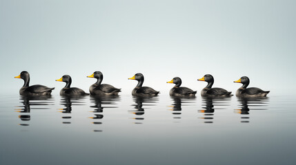Group of black ducks gathered closely in a row on water, oriented to the left . Minimal concept of having all ducks in a row. Background with copy space
