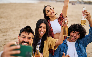 fun beach summer youth friend young woman friendship selfie photo phone smartphone taking mobile camera social smart photograph drink beer vacation - 757483846