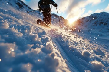 Skier in motion, skiing down a snowy slope with the sun setting behind the mountains, casting a...
