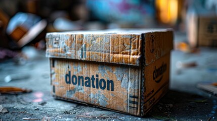 A cardboard box filled with 'donation' text, symbolizing generosity and community support, on a compassionate background - obrazy, fototapety, plakaty