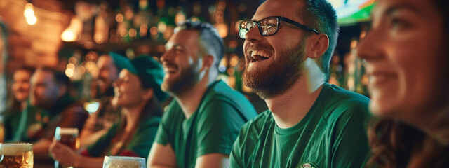 fans in green t-shirts with beer watching the match - obrazy, fototapety, plakaty