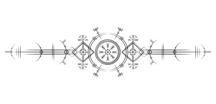 Magic ancient viking art deco, Vegvisir magic navigation compass ancient. The Vikings used many symbols in accordance to Norse mythology,  widely used in Viking society. Logo icon Wiccan esoteric sign