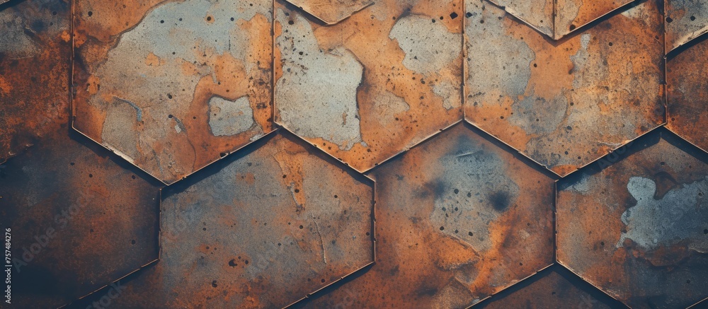 Poster detailed shot of a weathered metal wall adorned with hexagonal tiles, showcasing an intricate patter