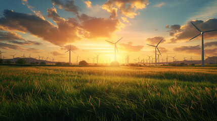 The golden sunset casts a warm glow over wind turbines in a serene, rural setting. Innovative solutions to address climate change, such as renewable energy technologies - obrazy, fototapety, plakaty