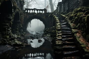 Arch bridge over dark water, skull reflection, eerie landscape