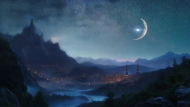 Twilight Tranquility: Moonlit Landscape with Sunset Glow and Mountain Silhouettes. Seamless looping 4k timelapse virtual video animation background generated AI 