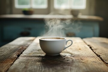 Steaming coffee cup on rustic wooden table with blurred kitchen background.