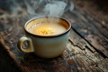 Steaming cup of coffee on rustic wooden table with vintage mood.