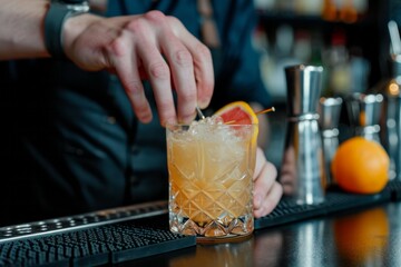 Bartender garnishing a cocktail with a citrus slice on a bar counter with blurred background.