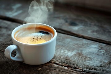 Steaming coffee cup on rustic wooden table, warm and cozy morning concept.