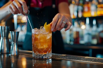 Bartender garnishing a cocktail with orange peel at a bar.