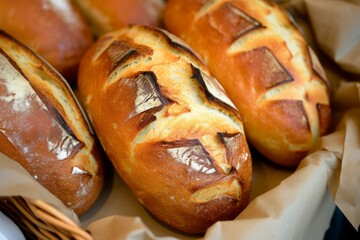 Freshly baked bread loaves with golden crusts in a basket, close-up.
